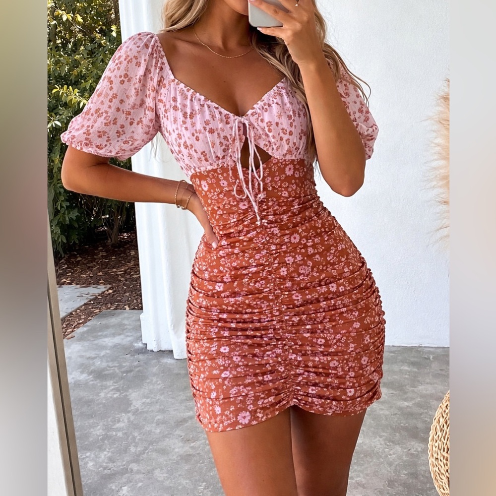 Free People Tessa Floral Mini Dress Ruched Puff Sleeve XS